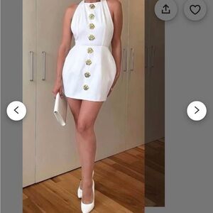 Elegant White Halter Dress with Gold Accents